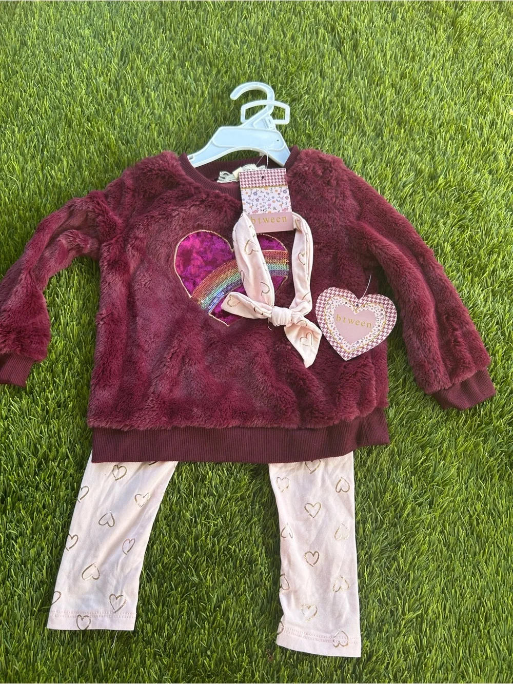 btween Burgundy Plush Heart & Rainbow Top with Cream Heart-Print Leggings